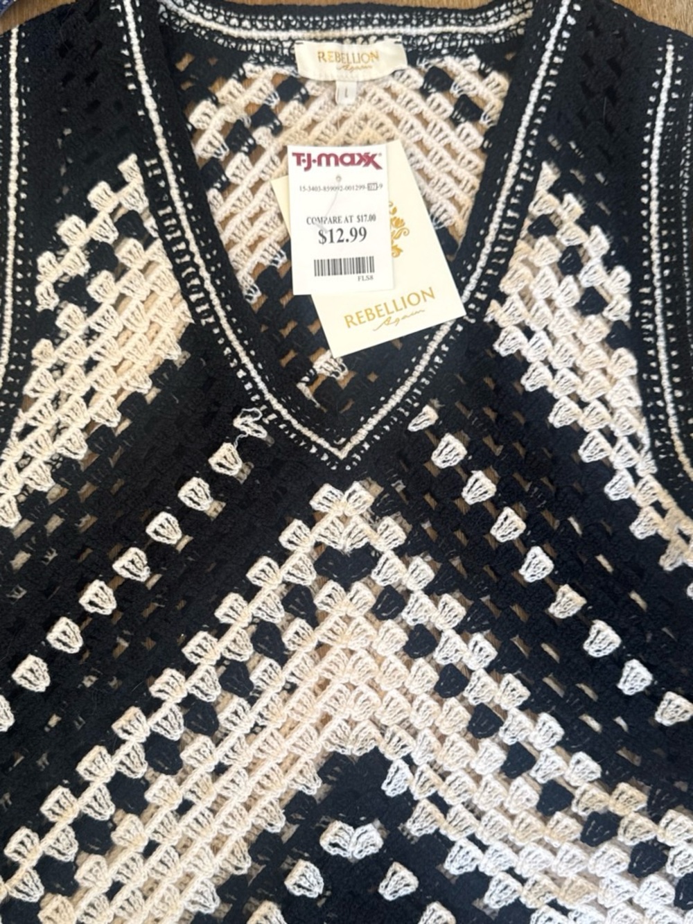 Rebellion Black & Cream Crochet V-Neck Knit Top